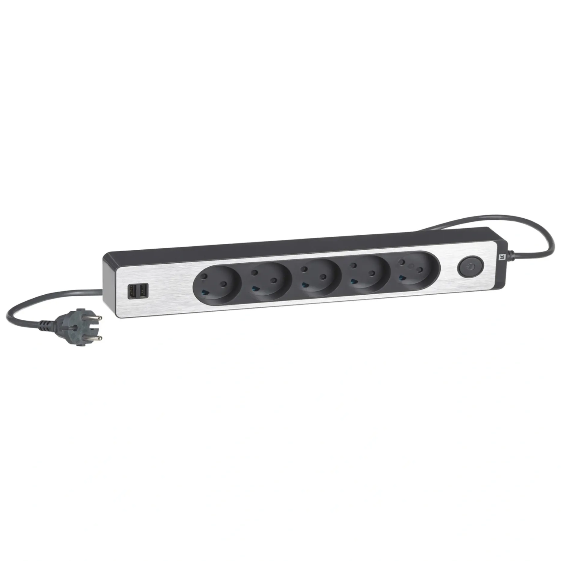 LK STIKDÅSE 5 UDTAG + 2 USB UDTAG U/JORD M/AFBRYDER KOKSGRÅ 1,5 M KABEL