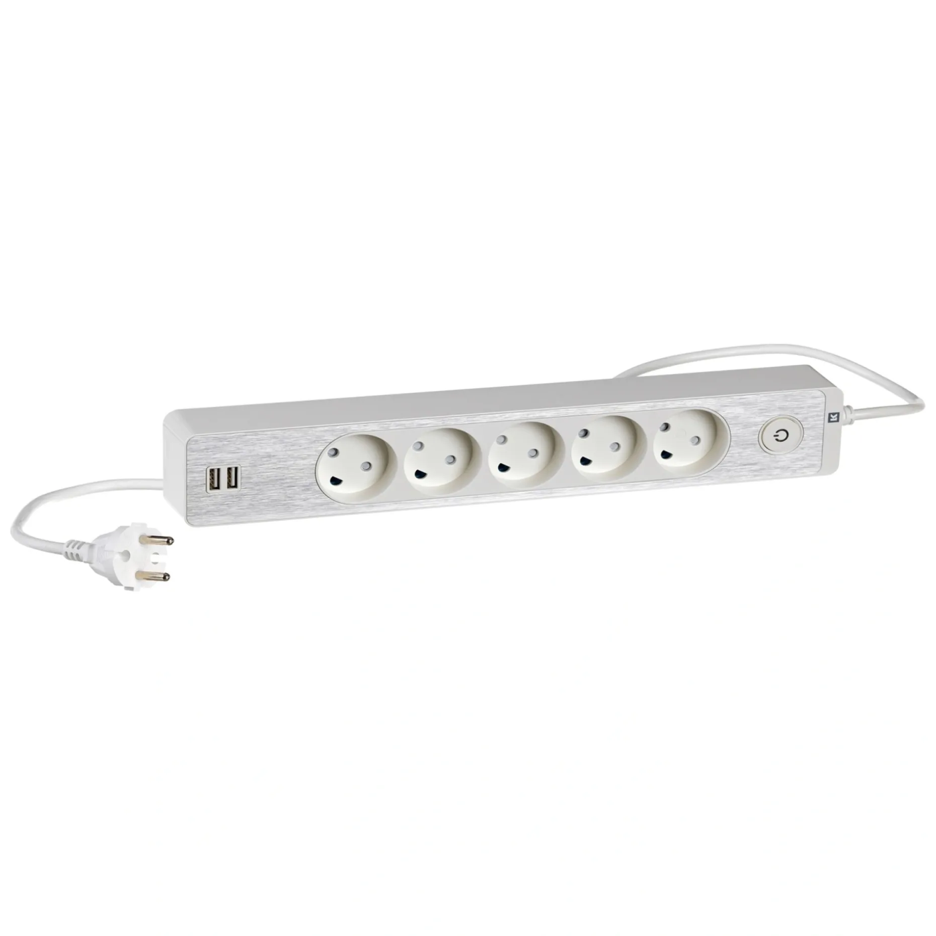 LK STIKDÅSE 5+2 USB UDTAG M/JORD OG AFBRYDER HVID 1,5 M KABEL