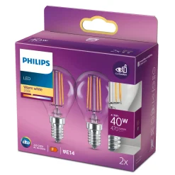 PHILIPS 2-PAK KLAR LED PÆRE KRONE E14 4W