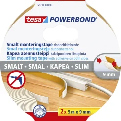 TESA POWERBOND SLIM DOBBELTKLÆBENDE TAPE 5 M X 9 MM HVID